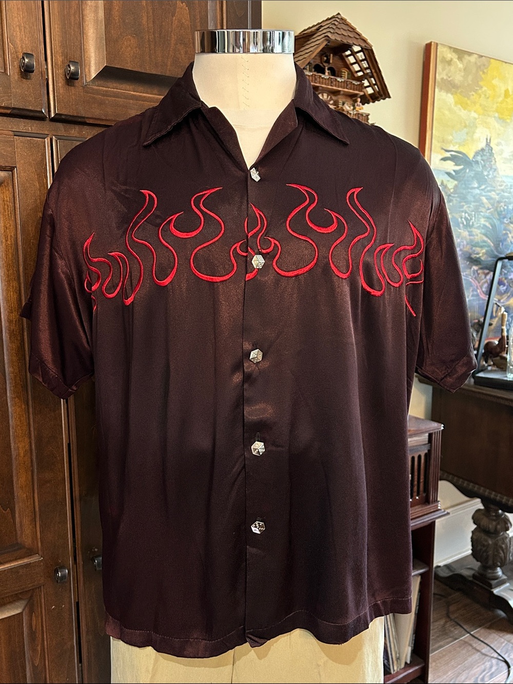 90’s Johnny Suede Sz XXL Purple Blk Short Sleeve “Fire & Dice” Button Down